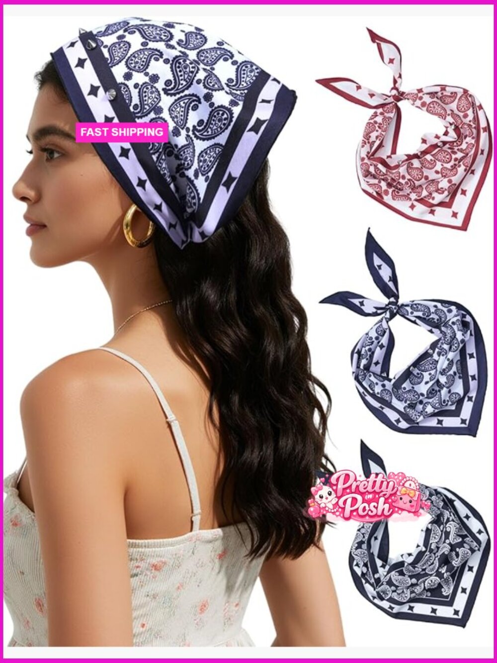 Polyester Triangle Head Scarf 3-Pack With Metal Studs Tie Back